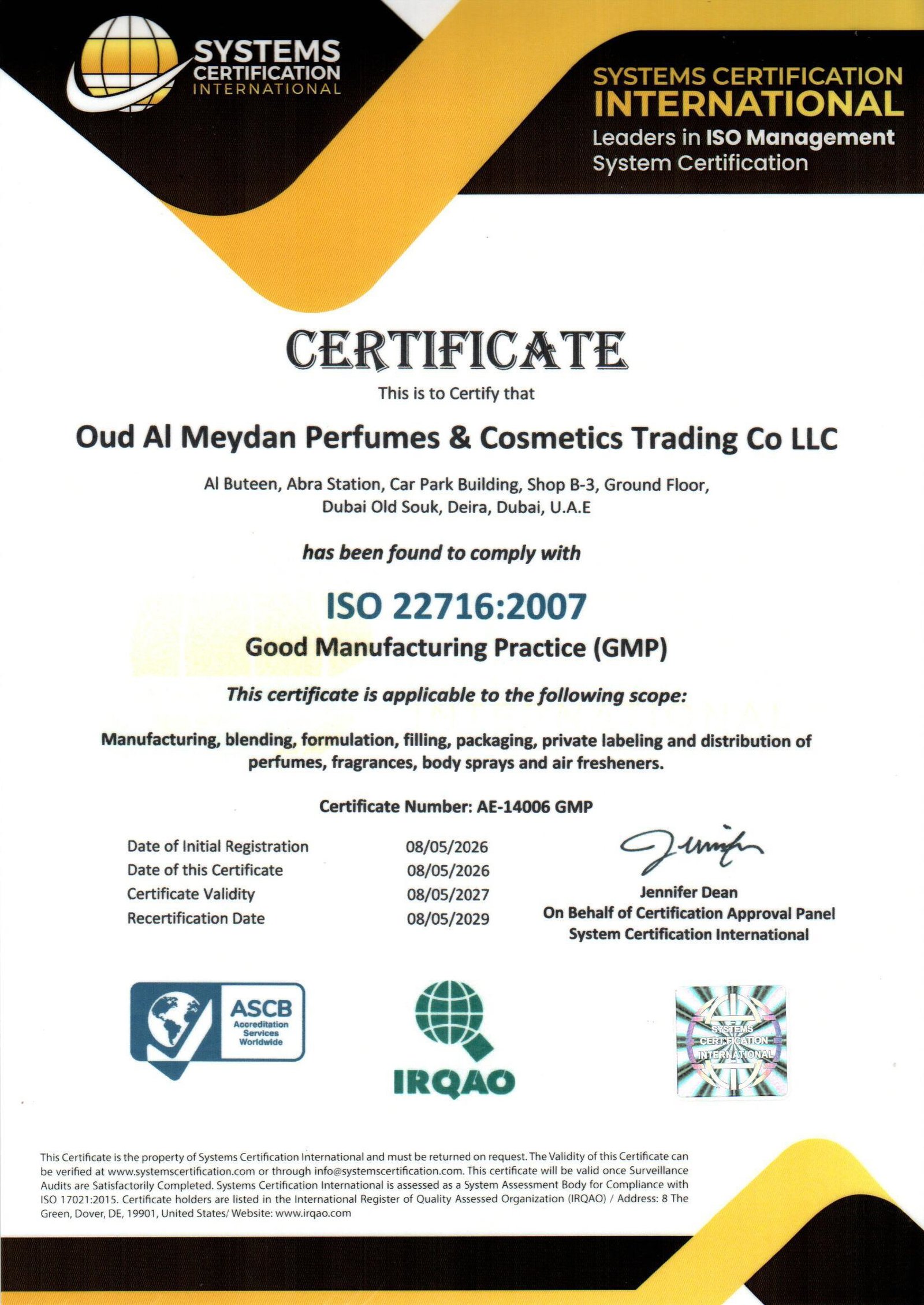 ISO 22716:2007 Certificate